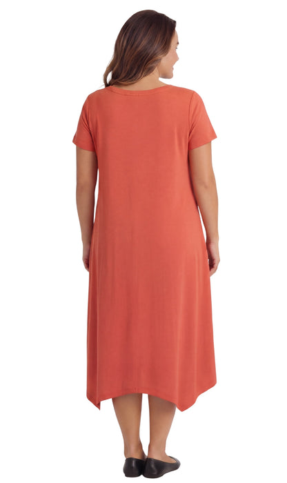 Women's Knit Wide Scoop Neck Short Sleeve Dress in A-line Asymmetrical Hem