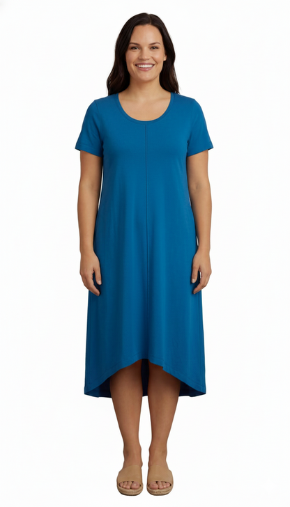 Women's Knit Wide Scoop Neck Short Sleeve Dress in A-line Asymmetrical Hem