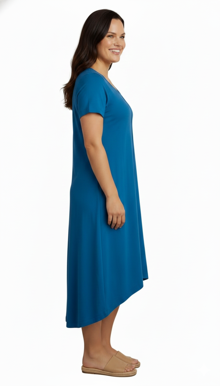 Women's Knit Wide Scoop Neck Short Sleeve Dress in A-line Asymmetrical Hem