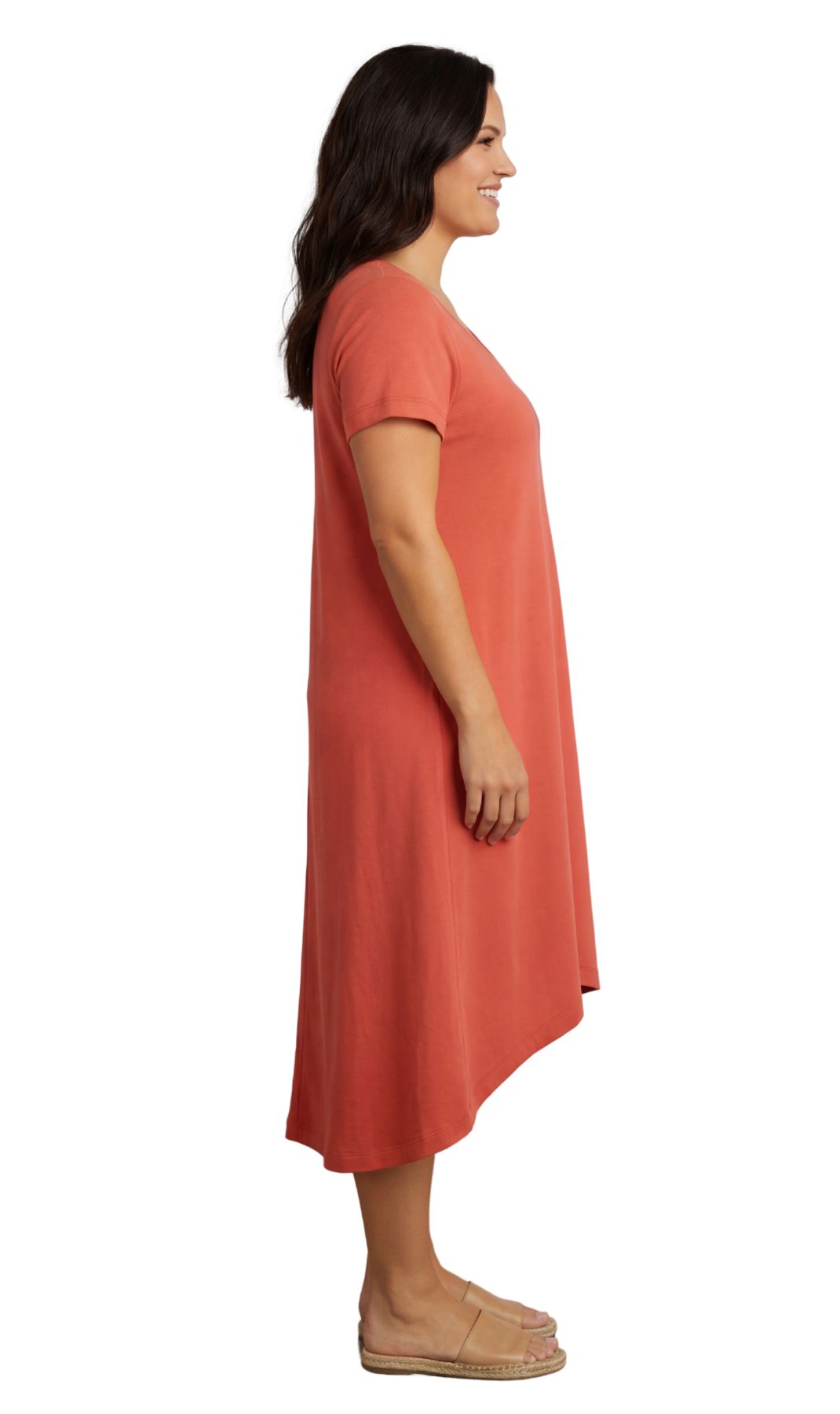 Women's Knit Wide Scoop Neck Short Sleeve Dress in A-line Asymmetrical Hem