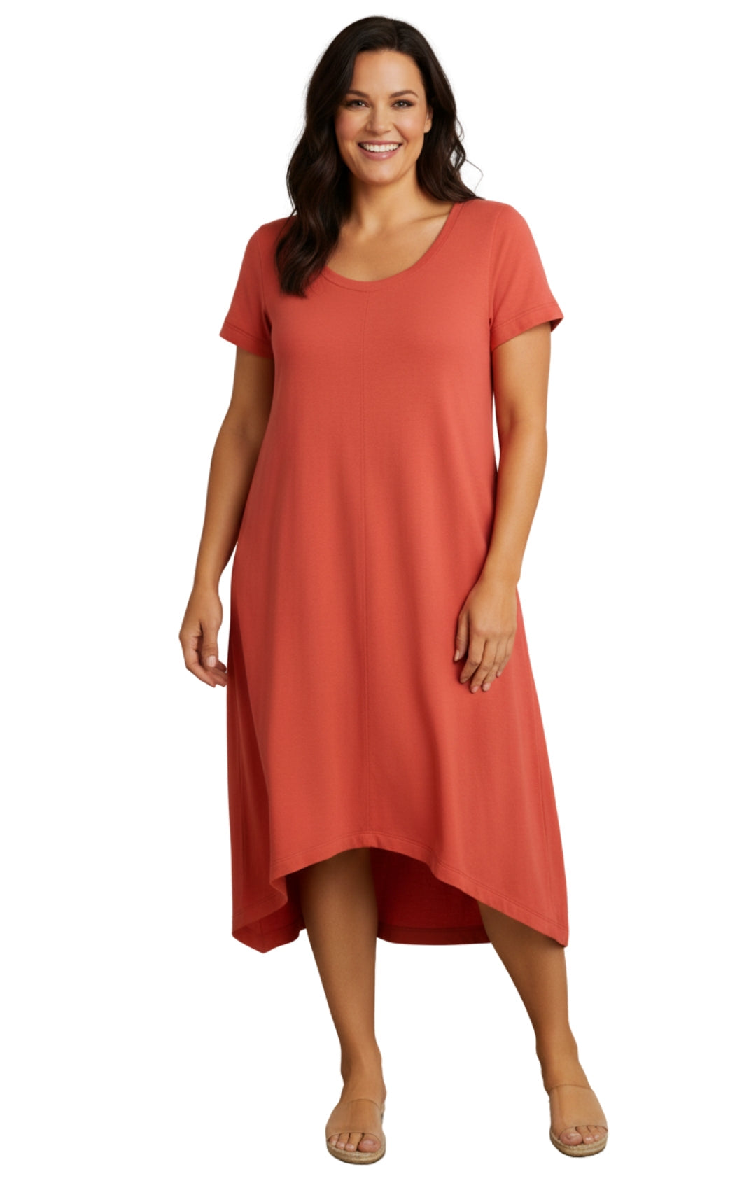 Women's Knit Wide Scoop Neck Short Sleeve Dress in A-line Asymmetrical Hem