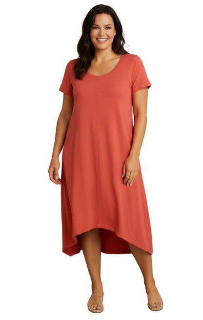Women's Knit Wide Scoop Neck Short Sleeve Dress in A-line Asymmetrical Hem